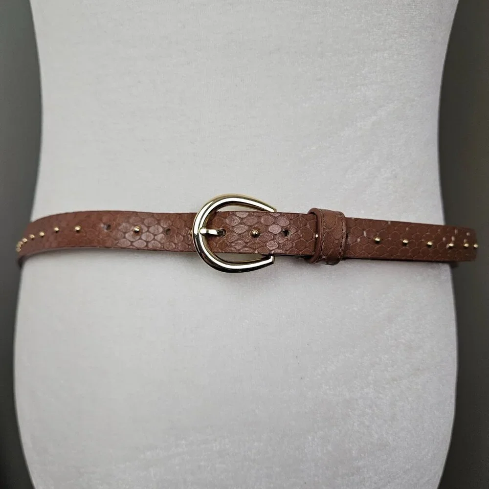 Talbots Brown Snake Embossed Leather Gold Tone Stud Skinny Belt XL